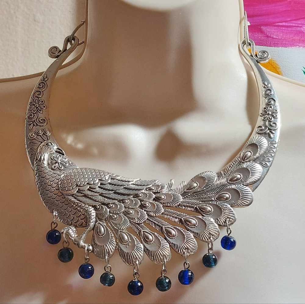 Bohemian Peacock Bird Silver Tone Chunky Bib Statement Collar Necklace - Picture 4 of 6